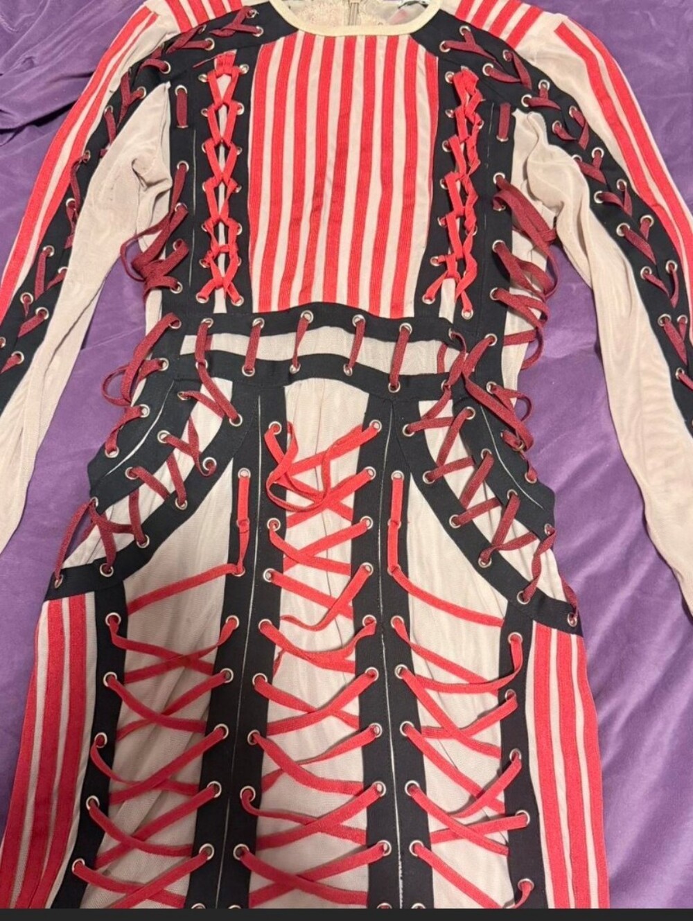 Womens Red & Black Lace-Up Striped Dress Size Medium